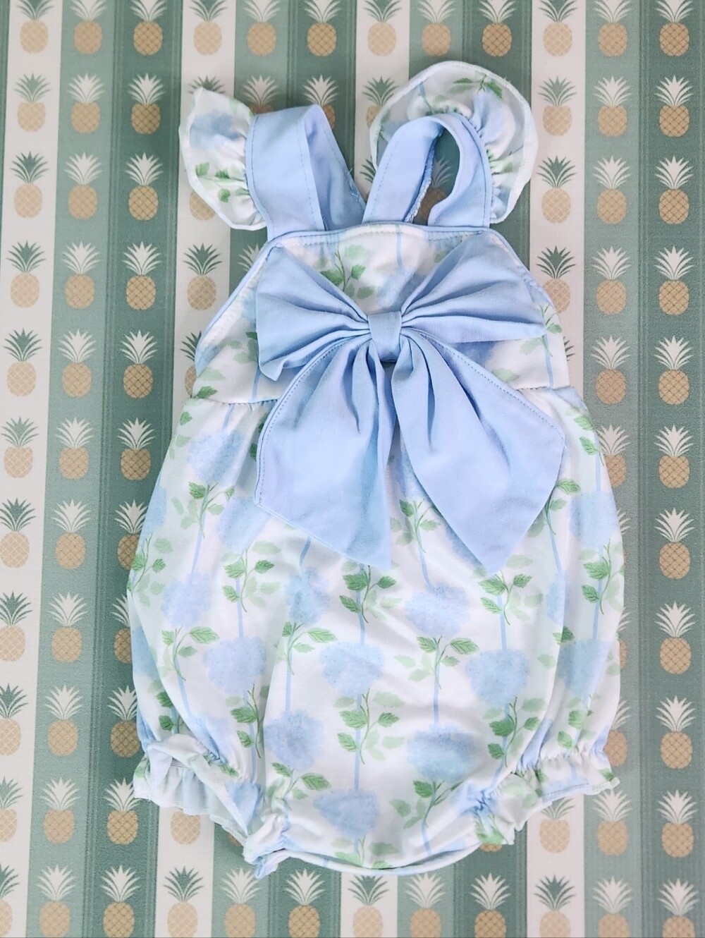Abby & Evie Blue Floral Baby Bubble Romper with Bow
